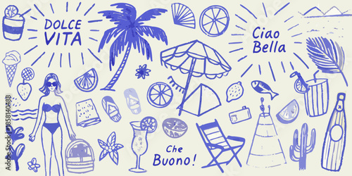 A playful blue sketch featuring summer icons like ice cream beach items and text