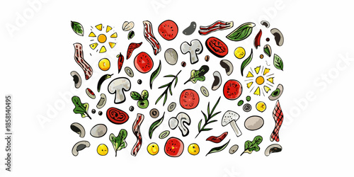 A colorful arrangement of pizza toppings including vegetables meat and cheese