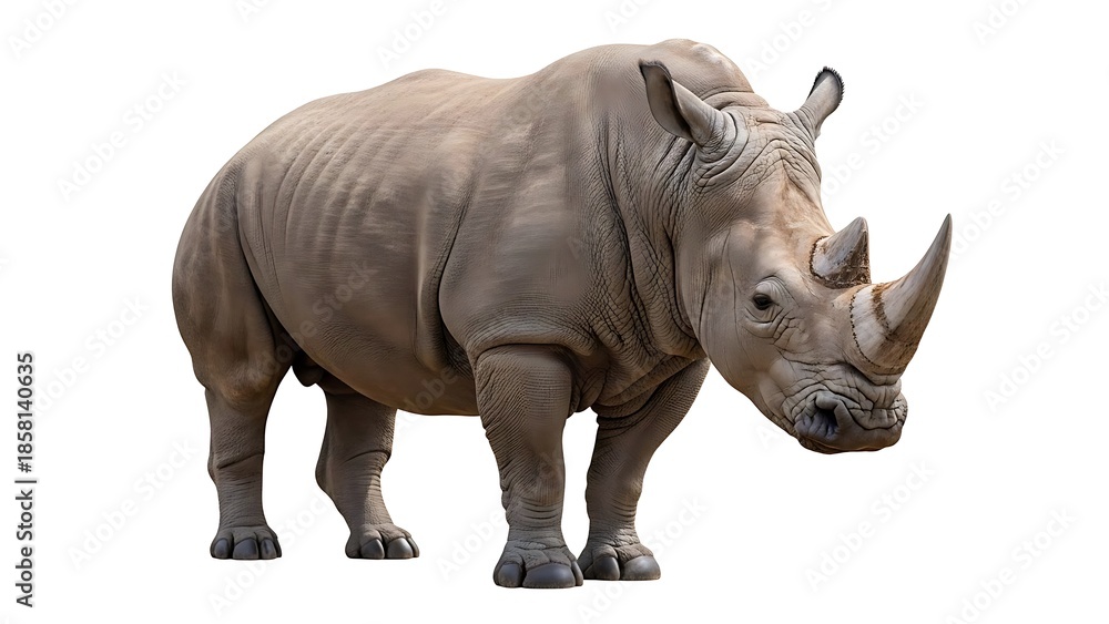 Fototapeta premium Majestic White Rhinoceros Standing Tall on Isolated Pure White Background - Detailed Full Body Cutout of a Huge African Safari Animal for Design Projects