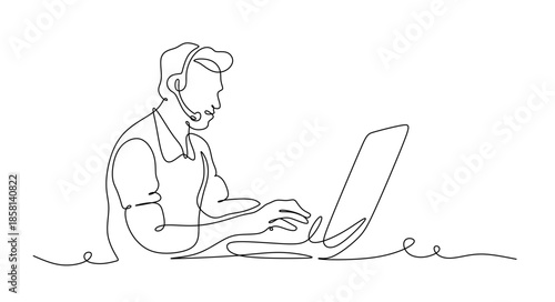 A man wearing a headset and using a laptop at a desk Working online, communicating, call center, customer service.