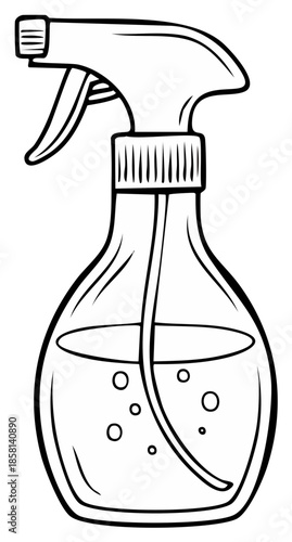 Clear liquid in transparent bottle with spray nozzle and trigger for cleaning or spraying