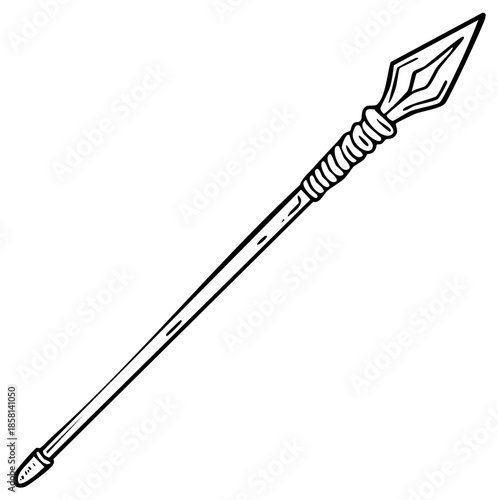 Hand drawn spear in black and white. A medieval or tribal weapon vector illustration