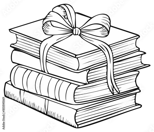 Stack of books with a ribbon tied around it in a hand-drawn style, perfect for coloring pages or educational resources