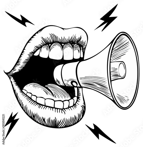 Open Mouth Speaking Through Megaphone with Sound Waves Illustration