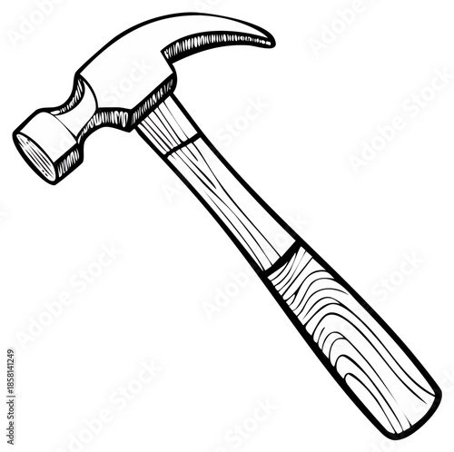 Line drawing of hammer, wood grain handle, construction tool