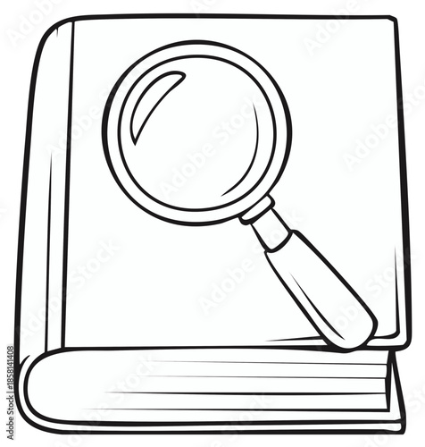 Magnifying glass illustration resting on a hardcover book for research analysis or investigation concept simple outlined drawing