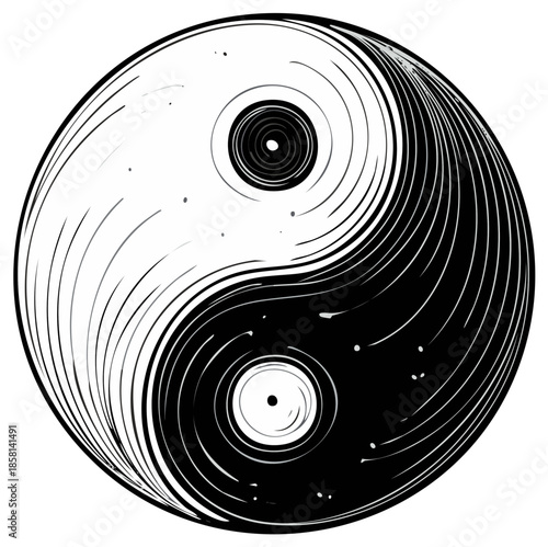 Stylized Yin Yang Symbol Depicting Harmony and Balance in Circular Abstract Design Symbolizing Opposites and Complementary Forces