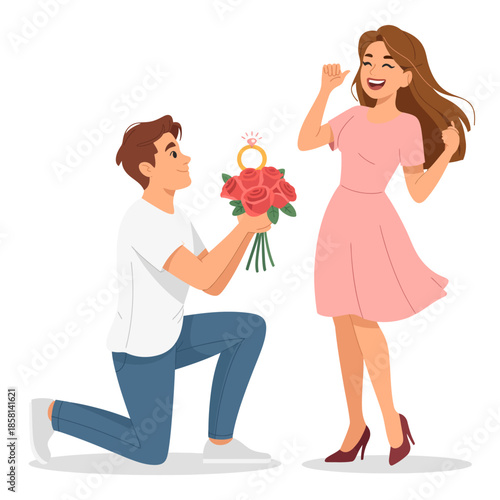 A joyful scene captures a man proposing to a woman with a bouquet of roses and an engagement ring, highlighting love and commitment in a heartfelt moment.