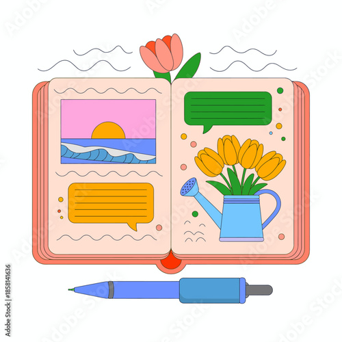 An open journal adorned with flowers and images showcasing beautiful landscapes and writing, emphasizing creativity and self-expression through art and journaling.