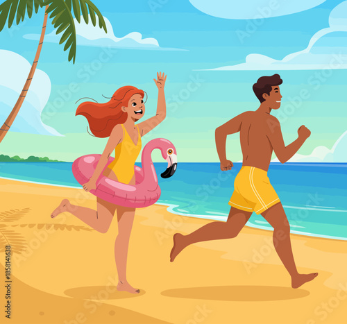 Two friends joyfully run along the beach, soaking in the sun and sea breeze, capturing a lively and carefree summer day in a bright and cheerful environment.