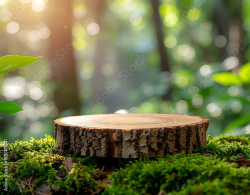 A natural wooden log slice podium placed on a mossy forest floor. Dappled sunlight
