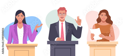 Three animated politicians engage in a lively debate, standing behind podiums with gestures that convey their passion, ideas, and diverse perspectives on various issues.