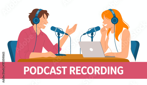 A vibrant scene showing two podcasters engaged in a lively dialogue across microphones, symbolizing creativity and connection through audio discussions.