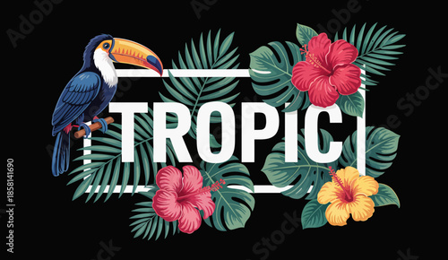 A vivid illustration depicting a toucan amidst lush tropical flowers and greenery, embodying the vibrant essence of the tropics with artistic flair.