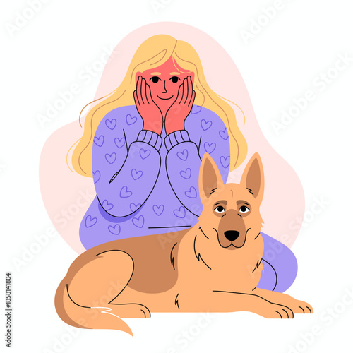 A woman sits lovingly with her dog, reflecting the bond between humans and pets, promoting happiness, companionship, and the joy of togetherness in everyday life.
