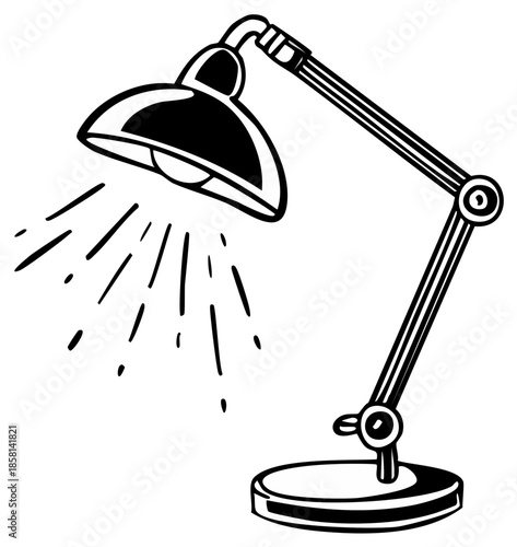 Artistic Illustration of a Black and White Adjustable Desk Lamp Emitting Light Rays