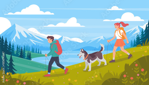 Two cheerful hikers walk through a beautiful mountainous landscape with a dog, capturing the spirit of adventure and the importance of enjoying nature and companionship.