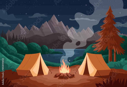 A serene camping scene featuring two tents and a warm campfire under a starry sky, inviting outdoor adventurers to experience nature and tranquility.