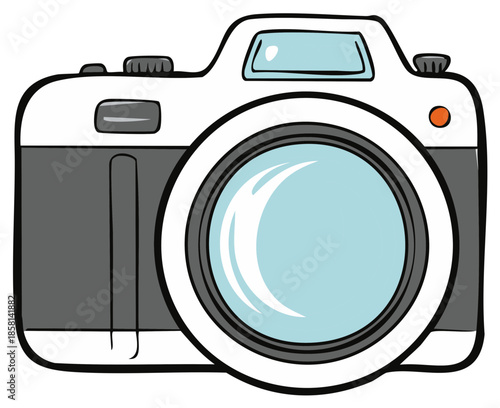 Cartoon camera illustration with large lens and bright color details, photography concept