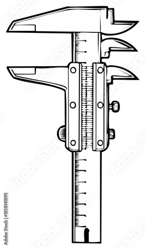 Detailed black and white illustration of a vernier caliper precision measuring instrument