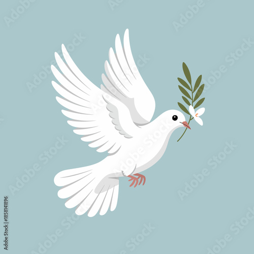 A beautiful illustration of a white dove soaring through the sky while carrying an olive branch, symbolizing peace, hope, and commitment to harmony in a dynamic, uplifting manner.