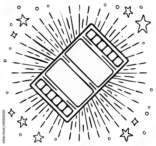 Film strip icon with starburst and stars representing movie or cinematic art in black and white