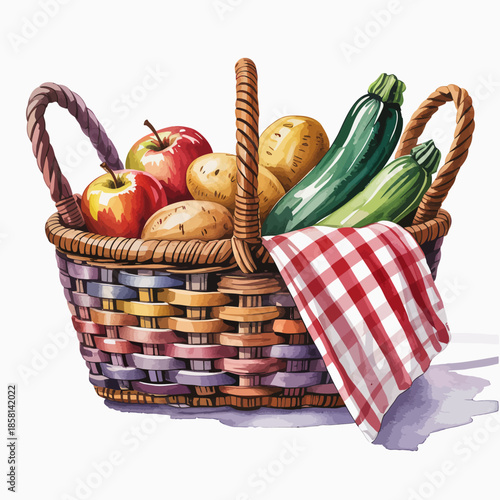 A beautifully arranged basket showcases an assortment of fresh fruits and vegetables, highlighting the beauty of nature, harvest, and healthy living.