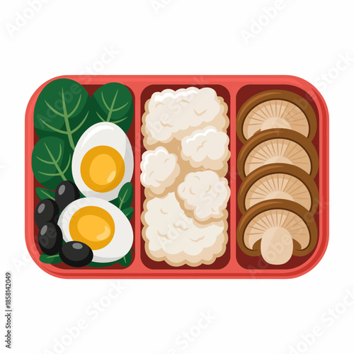 A nutritious meal box featuring eggs, greens, and mushrooms, promoting healthy eating and balanced nutrition for those seeking a wholesome dietary lifestyle.