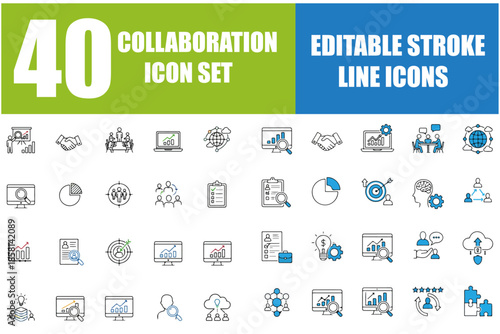 Collaboration and Teamwork Line Icons Set, Editable Stroke Vector Illustration of Meeting, Partnership, Work Group, Business People, Conference, Presentation and Corporate Teamwork