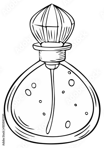 Elegant glass perfume bottle with decorative cap and internal droplets drawing