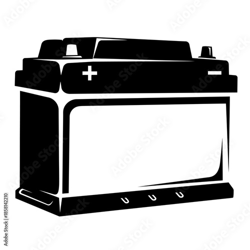 Automotive car battery vector illustration in black and white silhouette style for vehicle electrical power and maintenance service