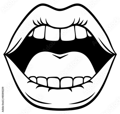 Open mouth vector illustration displays teeth and tongue with a white and black color palette for various graphic designs.