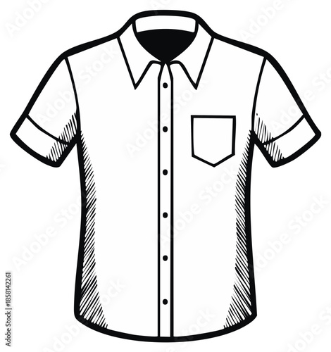 Hand-drawn vector illustration of classic short sleeve shirt, menswear apparel template for dress designing, tailoring