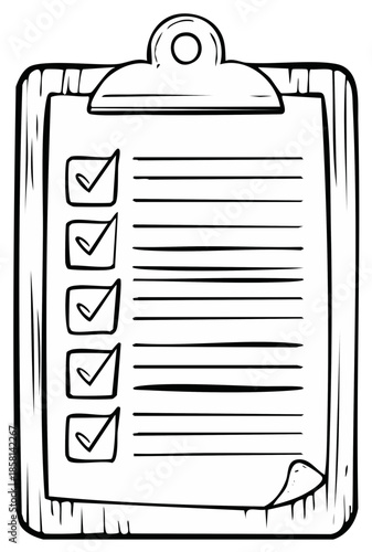 Doodle style wooden clipboard with a completed task list on paper showing successful achievements