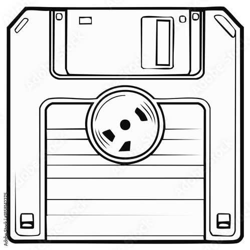 Black and white line art illustration of classic 3.5 inch floppy disk for vintage data storage