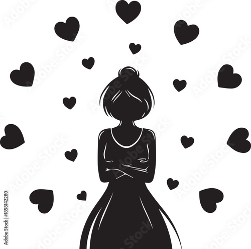 Silhouette of woman surrounded by hearts