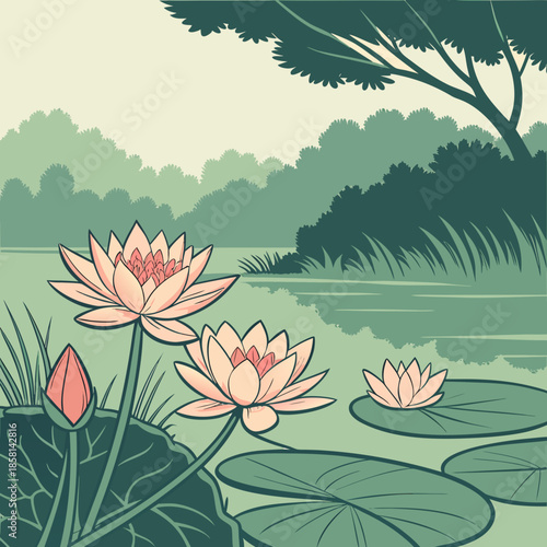 a serene illustration depicts a tranquil pond filled with blooming pink lotus flowers and lush green foliage