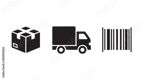 Delivery icons in simple flat design with black color on white background for logistics