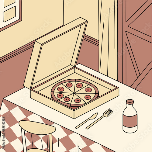 An illustrated depiction of a table setting featuring a partially eaten pepperoni pizza in an open box with silverware