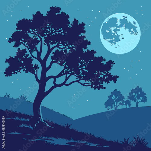 A serene nighttime landscape depicts a silhouetted tree against a full moon and twinkling stars evoking tranquility