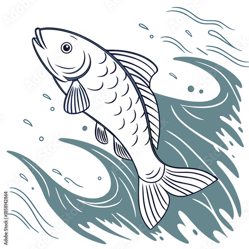 A detailed illustration showcases a fish swimming amidst stylized waves and bubbles offering a calming aquatic scene