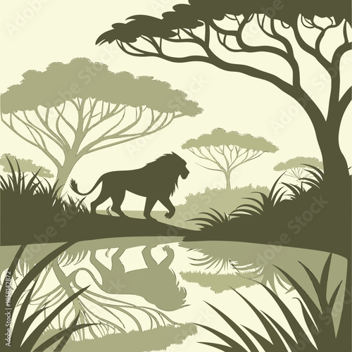 A majestic lion walking through the african savanna silhouetted against a waterhole and lush green trees high quality