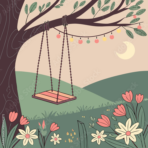 a peaceful illustration depicts a wooden swing hanging from a tree branch under a crescent moonlit sky