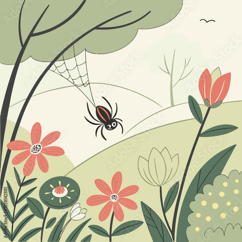 a charming illustration depicts a garden scene with a spider flowers trees and a gentle idyllic atmosphere