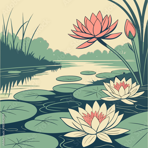 A serene illustration depicts a tranquil pond scene with blossoming lotus flowers and lush green vegetation high quality
