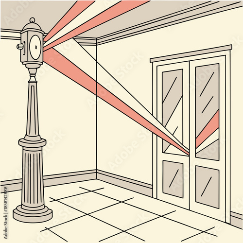 A vintage street lamp emits powerful red beams of light across a tiled floor and illuminates a doorway