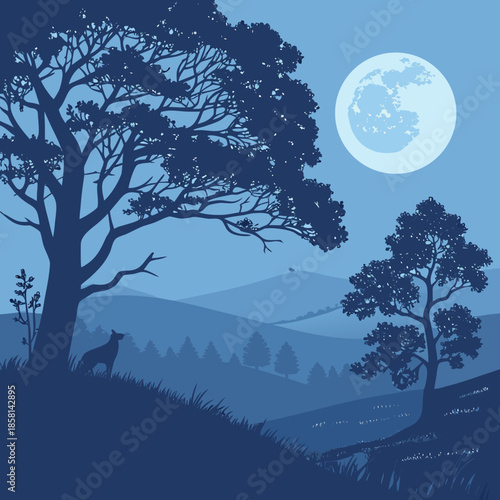 A serene nighttime landscape depicts silhouetted trees a distant hill and a watchful wolf under a bright full moon s