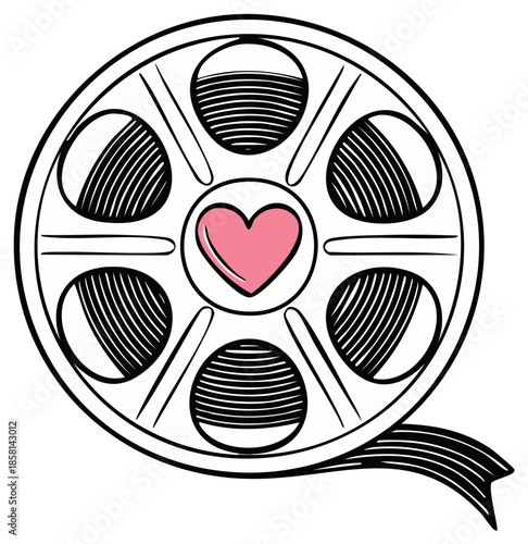 Vintage Film Reel with Pink Heart Symbol and Ribbon