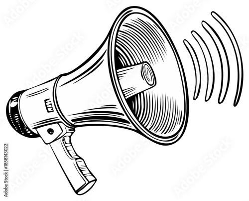 Vintage sketch of a megaphone broadcasting sound waves in a retro illustration style