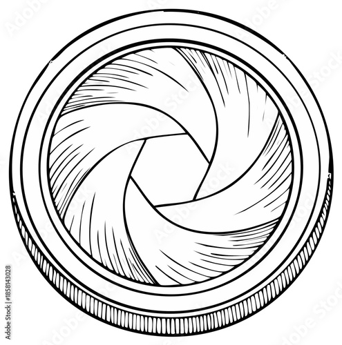Camera lens aperture design, monochrome artistic illustration, detailed drawing